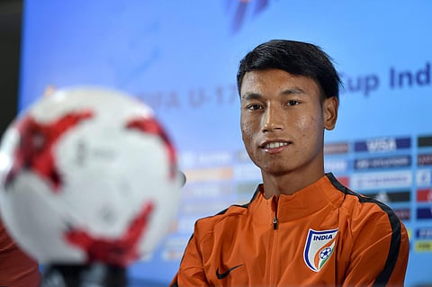 Indian captain Amarjit Singh during a press conference on the eve of their U-17 World Cup match against USA in New Delhi on Thursday. | PTI