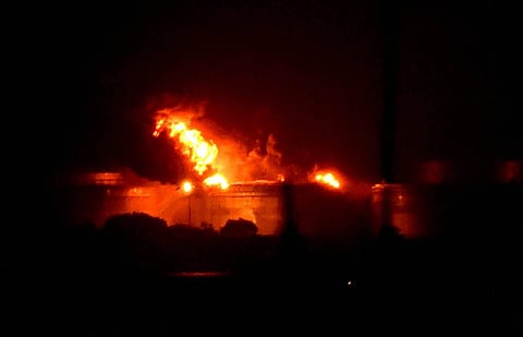 The fire at Butcher Island oil terminal, Mumbai. (PTI Photo)