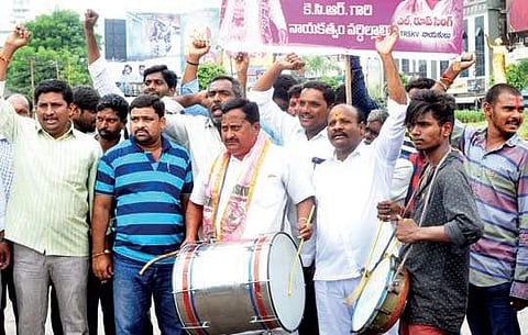 TRS party members celebrate their victory after winning the Singareni elections in Karimnagar on Friday | express photo