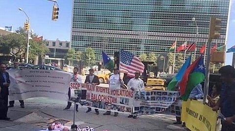 File photo of people protesting in front of UN headquarters against human rights violation in Balochistan. (Photo | PTI)