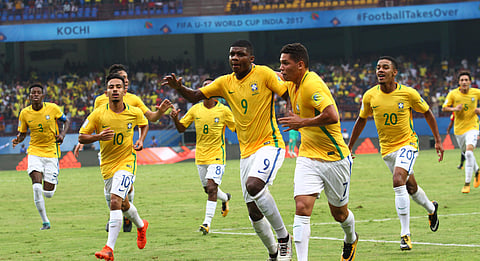 Brazil team celebrating the match after scoring against Spain in the U17 WC in Kochi on Saturday. (Melton Antony | EPS)