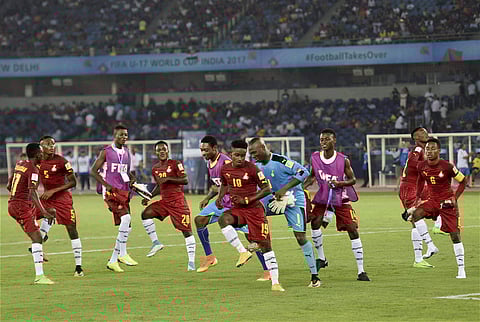 Players of Ghana celebrate their win against Colombia in the FIFA U-17 World Cup 2017 football match at Jawaharlal Nehru Stadium in New Delhi on Friday.|PTI