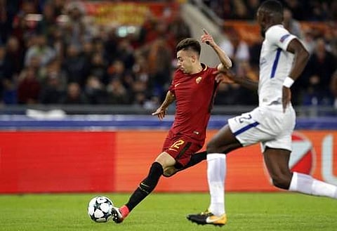 Roma's Stephan El Shaarawy kicks the ball during the Champions League group C soccer match between Roma and Chelsea, at the Olympic stadium in Rome, Tuesday, Oct. 31, 2017. | AP