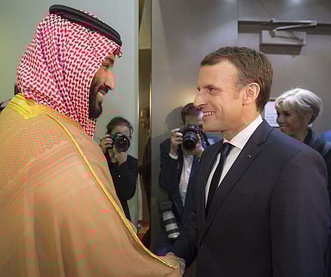A handout picture provided by the Saudi Royal Palace on November 9, 2017, shows Saudi Crown Prince Mohammed bin Salman (L) receiving French President Emmanuel Macron in the capital Riyadh. (Photo | AFP)