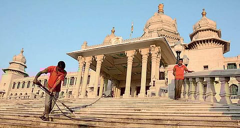 The Suvarna Vidhana Soudha being spruced up for the upcoming assembly session | Express