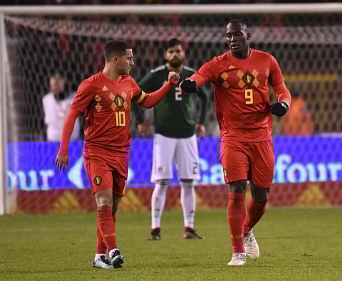 Belgium's Romelu Lukaku, right, celebrates with his teammate Eden Hazard after scoring during an international friendly soccer match between Belgium and Mexico at the King Baudouin stadium in Brussels, Belgium Friday, Nov. 10, 2017. | AP
