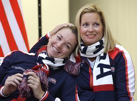 United States team player CoCo Vandeweghe, left, and team captain Kathy Rinaldi seen after the drawing ceremony, in Minsk, Friday, Nov. 10, 2017. | AP