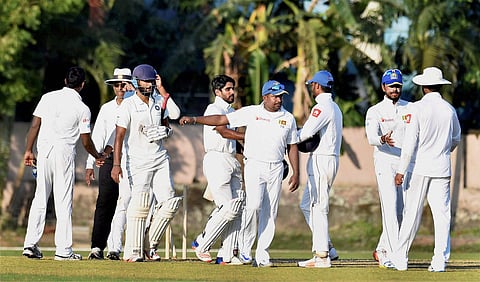 Board President XI's and Sri Lankan players after playing a warm-up match at Jadavpur University stadium. | PTI