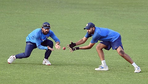 Murali Vijay and Rohit Sharma during a training session at Eden Garden in Kolkata on Monday ahead of the 1st Test Match against Sri Lanka.|PTI