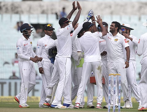 Sri Lankan players celebrate the dismissal of India's Ravindra Jadeja | AP