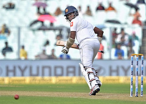 Sri Lankan batsman Angelo Mathews plays a shot during the third day of 1st cricket Test match against India at Eden Gardens in Kolkata on Saturday.|PTI