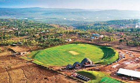 An aerial view of the newly opened Gahanga International Cricket Stadium amid settings that look picturesque in the troubled nation of Rwanda