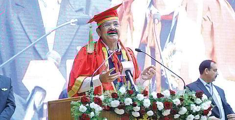 Vice-President M Venkaiah Naidu delivering the eighth convocation address of GITAM University in Hyderabad on Saturday | EXPRESS