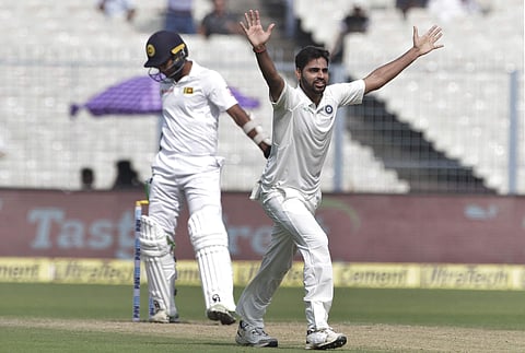 Bhuvneshwar Kumar appeals successfully for the wicket of Sri Lanka's Dasun Shanaka | AP