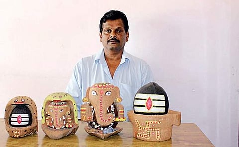 Balakrishna with his coconut husk and shell carvings | Express