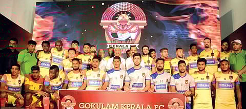 Gokulam Kerala FC team members with owner Gokulam Gopalan, Kozhikode Mayor Thottathil Raveendran and State Sports Council president T P Dasan. A programme was held in Kozhikode to introduce the team members on Sunday | A Sanesh