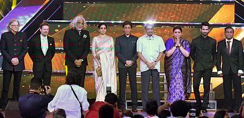 I &B Minister Smriti Irani, Goa Chief Minister Manohar Parrikar, A. R. Rahman,actors Shahrukh Khan, Sridevi, Shahid Kapoor, members of the international jury during the inaugural ceremony. (Photo | PTI)