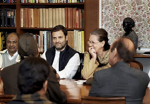 Congress President Sonia Gandhi, party vice-president Rahul Gandhi, senior leader AK Antony and other party leaders at the Congress Working Committee meeting at 10 Janpath in New Delhi on Monday. | PTI