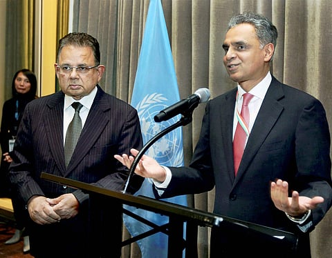India's Permanent Representative to the United Nations Syed Akbaruddin speaks during a reception in the honour of Justice Dalveer Bhandari L at the United Nations in New York on Monday. India's Dalveer Bhandari won the votes in the UN General Assembly to