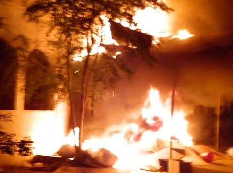 The students set fire to things inside Sathyabama University campus.