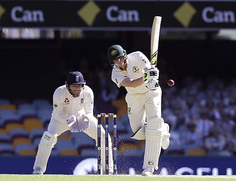 Australia's Steve Smith plays a shot as England's wicket keeper Jonny Barstow, left, looks on during the Ashes. | AP