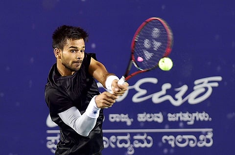 Sumit Nagal of India plays against top seed Blaz Kavcic of Slovenia during the quarter final match at Bengaluru Open 2017 ATP Challenger. | PTI