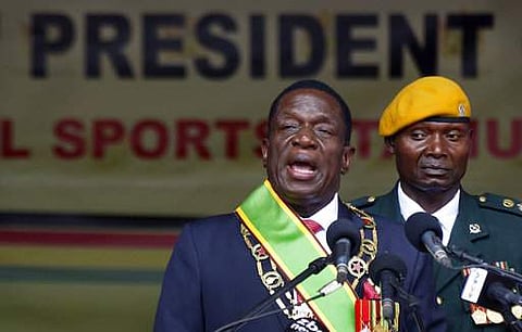 Zimbabwe's President Emmerson Mnangagwa speaks after being sworn in at the presidential inauguration ceremony in the capital Harare.|AP