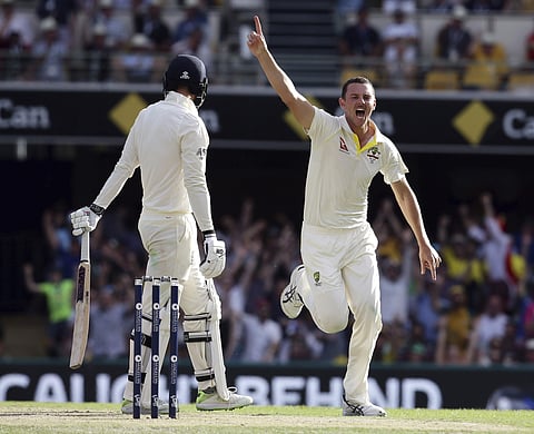 Australia's Josh Hazlewood celebrates after getting the wicket of England's James Vince | AP