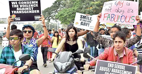 Participants at the pride march during the 10th Karnataka Queer Habba in Bengaluru on Sunday | JITHENDRA M