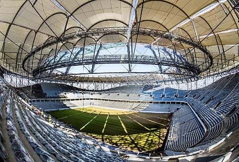 A general view of the stands and the pitch of the Volgograd Arena stadium in Volgograd on September 20, 2017. The venue will host several games of the 2018 FIFA World Cup. | AFP