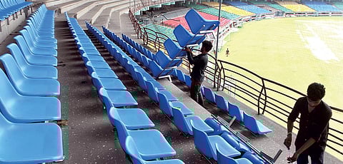 As a part of revamping the stadium ahead of the U-17 World cup, the government had spent nearly Rs 25 crore for the renovation of the stadium which includes installing bucket chairs at the stadium. | Express Photo Service