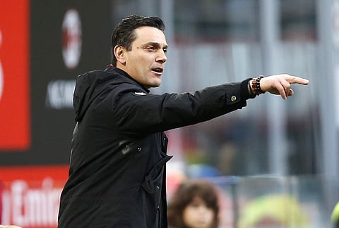 In this Nov. 26, 2017 file photo, AC Milan coach Vincenzo Montella gives indications to his players during the Serie A soccer match between AC Milan and Torino at the San Siro stadium in Milan, Italy. | AP