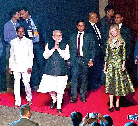 PM Narendra Modi, Advisor to President of the US Ivanka Trump with CM K Chandrasekhar Rao at the venue, in Hyderabad on Tuesday | R Satish Babu
