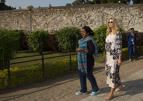 US presidential adviser Ivanka Trump, accompanied by an Indian guide, left visits the Golconda fort in Hyderabad, India, Wednesday, Nov. 29, 2017. (Associated Press)