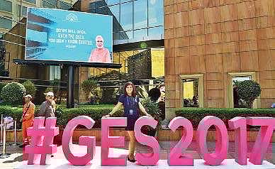 A delegate poses for a photo at the venue of the Global Entrepreneurship Summit 2017 in Hyderabad on Tuesday | pti