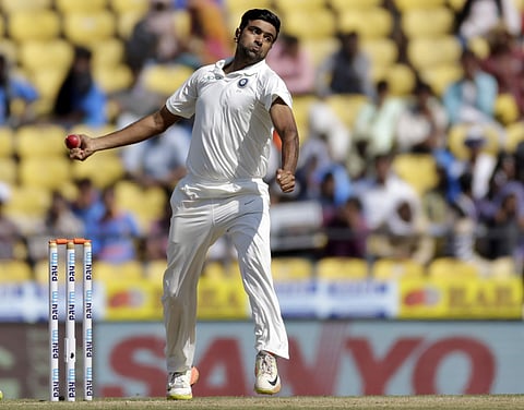 India's Ravichandran Ashwin bowls a delivery during the fourth day of their second test cricket match against Sri Lanka. | AP