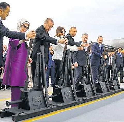 Turkey’s President Recep Tayyip Erdogan and other leaders at BTK ceremony in Baku.