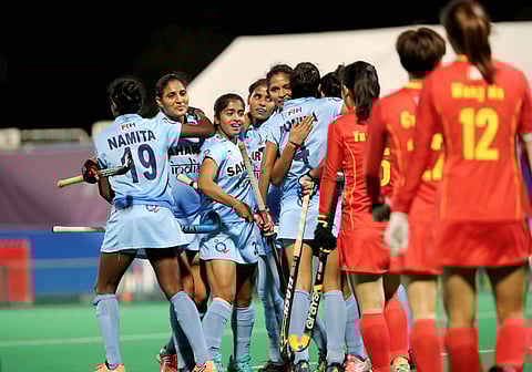 Indian women's hockey team members celebrate after beat China to win women's Asia Cup hockey title qualify for 2018 World Cup in Japan's Kakamigahara on Sunday. | PTI