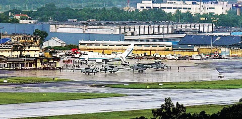 Prime Minister Narendra Modi’s Indian Air Force aircraft parked at the Chennai Airport with four helicopters on standby amid heightened security on Monday. A helicopter took him to INS Adyar, from where he began his day’s engagements in the city | Martin