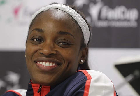 Sloane Stephens, of the United States, smiles during a press conference prior to the Fed Cup by BNP Paribas Final matches between Belarus and USA, in Minsk, Wednesday, Nov. 8, 2017. | AP