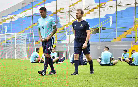 Australia captain Tim Cahill, left, warms during a training session at the Francisco Morazan Stadium in San Pedro Sula, Honduras, Tuesday, Nov. 7, 2017. | AP