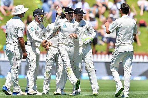 New Zealand's Trent Boult (C) celebrates West Indies' Shane Dowrich being run out during the first day of the first Test match between New Zealand and the West Indies at the Basin Reserve in Wellington on December 1, 2017. | AFP