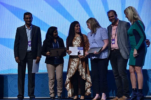 Ajaita Shah won GIST catalyst pitch competition at Global Entrepreneurship Summit held in Hyderabad on Thursday. (EPS | R.Satish Babu)