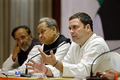 Congress President-elect Rahul Gandhi at a press conference in Ahmedabad Gujarat on Tuesday. (PTI)