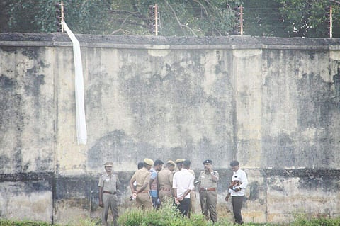 Prison officials said they noticed a long cloth on a high-rise compound wall around 6 am. (Express Photo Service | Dinesh Kumar S)