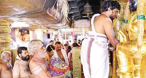 Thantri Mahesh Mohanaru leading the procession carrying the ‘brahmakalasam’ by melsanthi A V Unnikrishnan Namboothiri as part of the Kalabhabhishekam at the Sabarimala Lord Ayyappa temple on Friday | Shaji Vettipuram