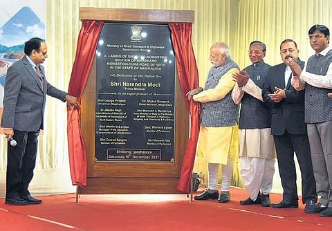 PM Narendra Modi launches a two-lane national highway connecting Tura in western Meghalaya to Shillong, in Meghalaya on Saturday | PTI