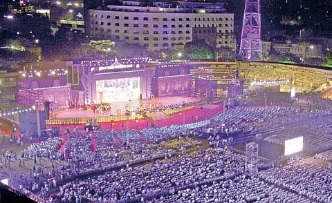 A bird’s eye view of the LB Stadium, venue of the ongoing World Telugu Conference in Hyderabad, on Sunday | (Express Photo by Sathya Keerthi)