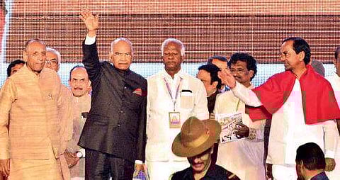 President Ram Nath Kovind along with CM K Chandrasekhar Rao and others at the World Telugu Conference in Hyderabad on Tuesday | Express