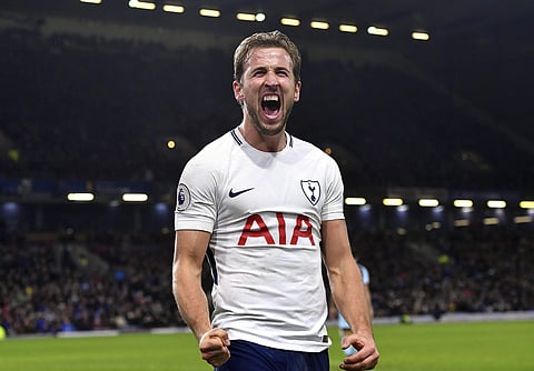 Tottenham Hotspur's Harry Kane celebrates scoring his side's third goal of the game during their English Premier League soccer match against Burnley. | AP